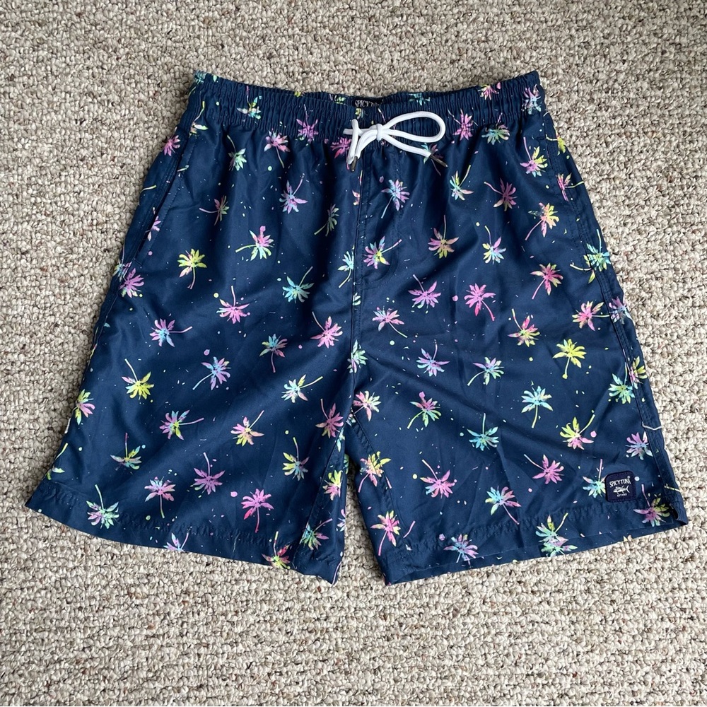Spicy Tuna Neon Palm Tree Elastic Drawstring Men’s Swim Trunks Size Medium